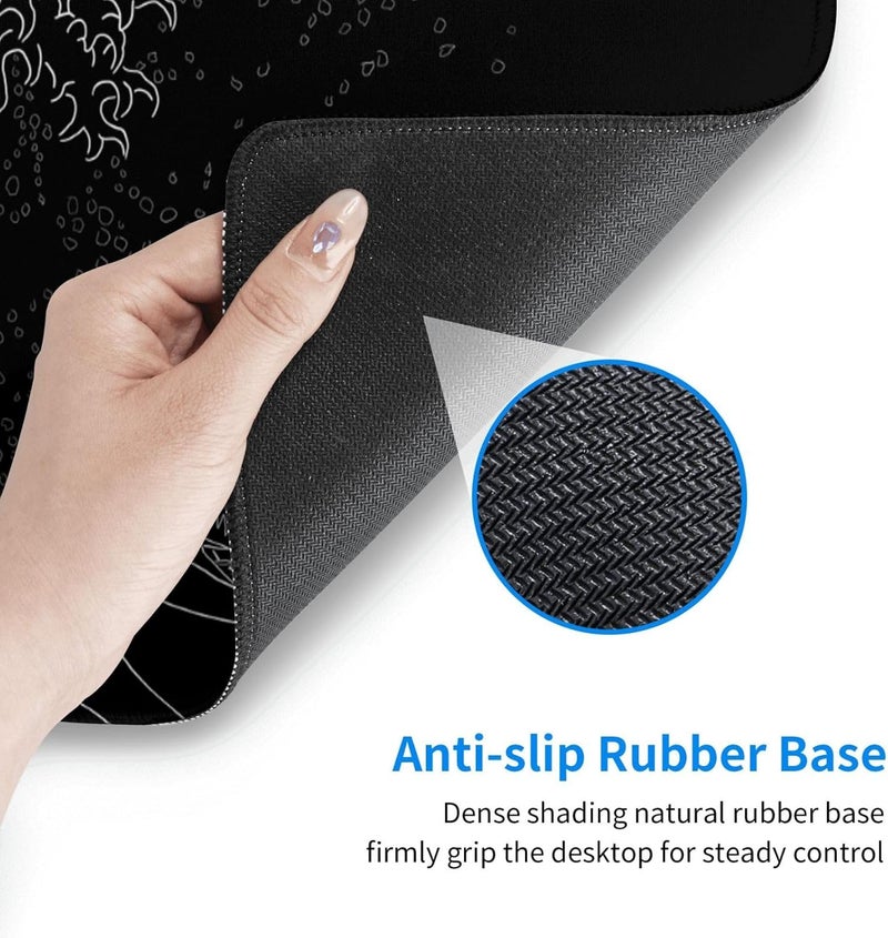Brecoy Japanese Gaming Mouse Pad Black Mouse Pad Kanagawa Large Mousepad Non-Slip Rubber Base Waterproof with Stitched Edges for Gaming Office Home, 31.5x11.8 Inch (Black Wave) - Image 5